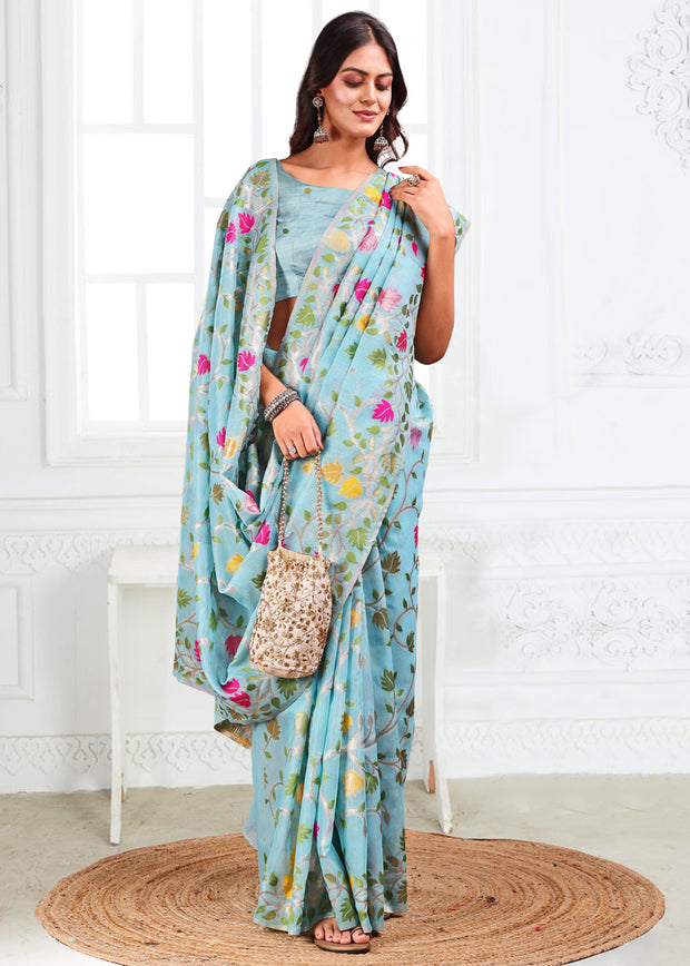 Aruba Blue Woven Linen Cotton Silk Saree