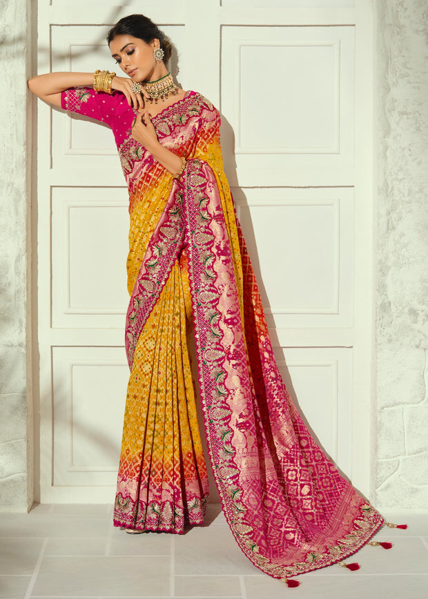 Yellow And Pink Embroidered Georgette Bandhej Saree