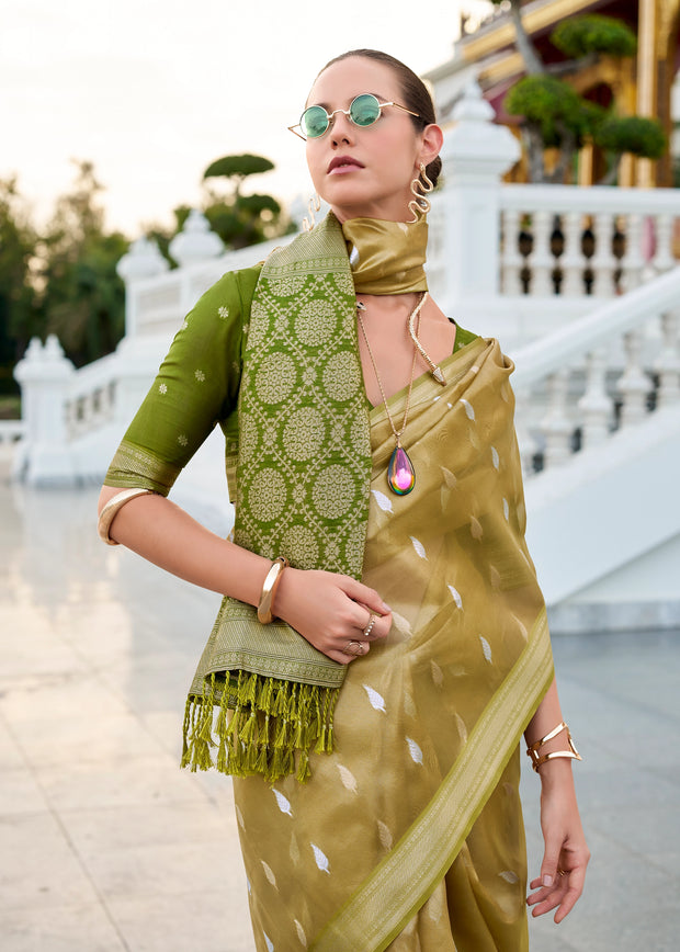 Olive Green Woven Tissue Silk Saree