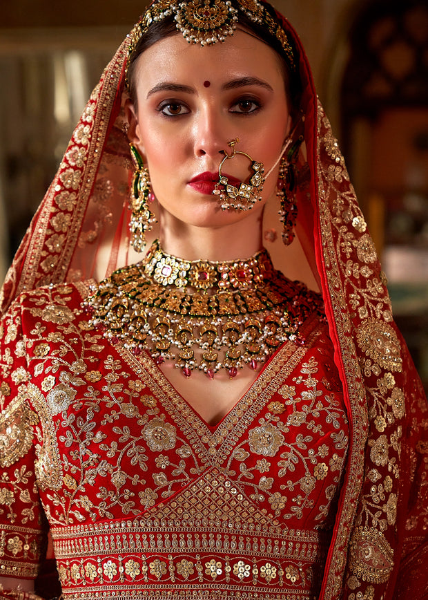 Dazzling Red Heavy Embroidered Designer Lehenga