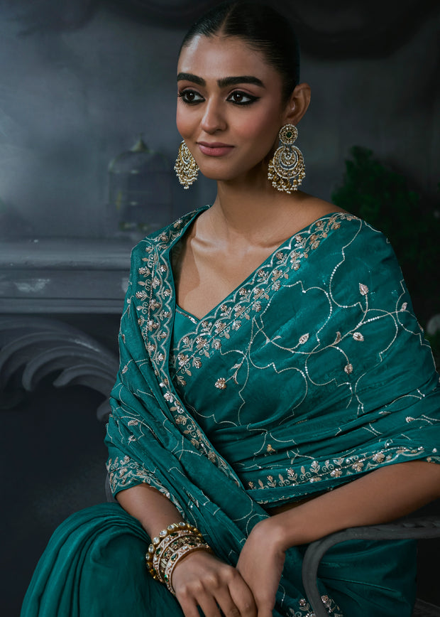 Teal Blue Embroidered Designer Saree