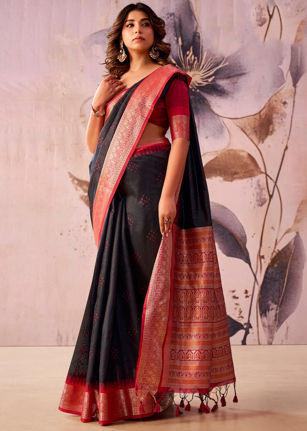 Red And Black Woven Tissue Silk Saree