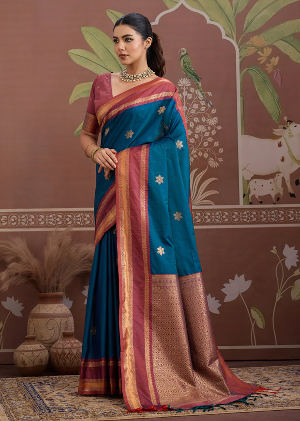 Nautical Blue Woven Banarasi Tussar Silk Saree