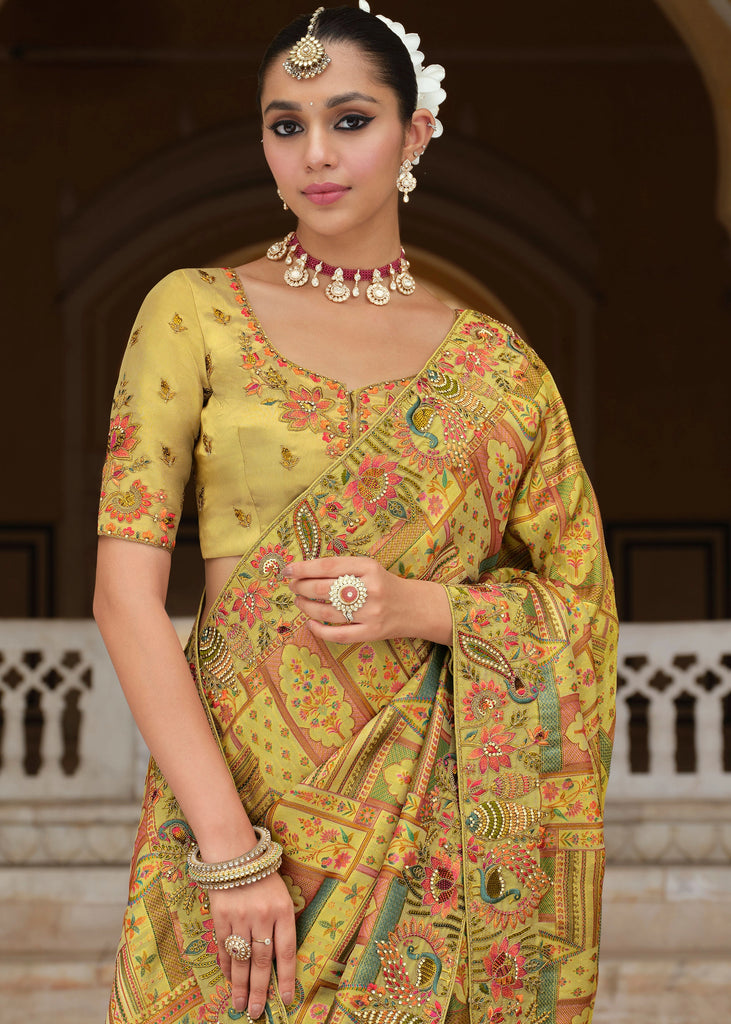 Celery Yellow Designer Embroidered Silk Saree