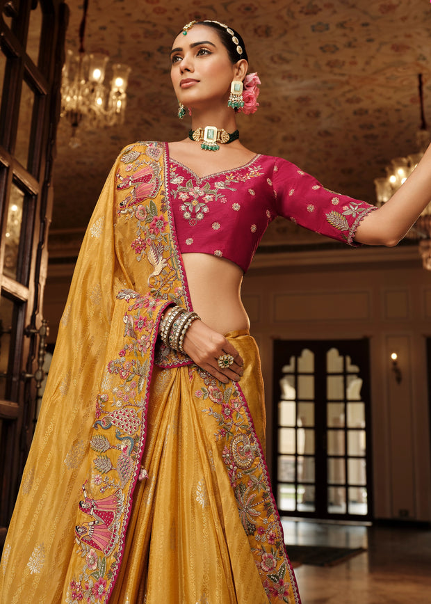 Mustard Yellow Designer Embroidered Silk Saree