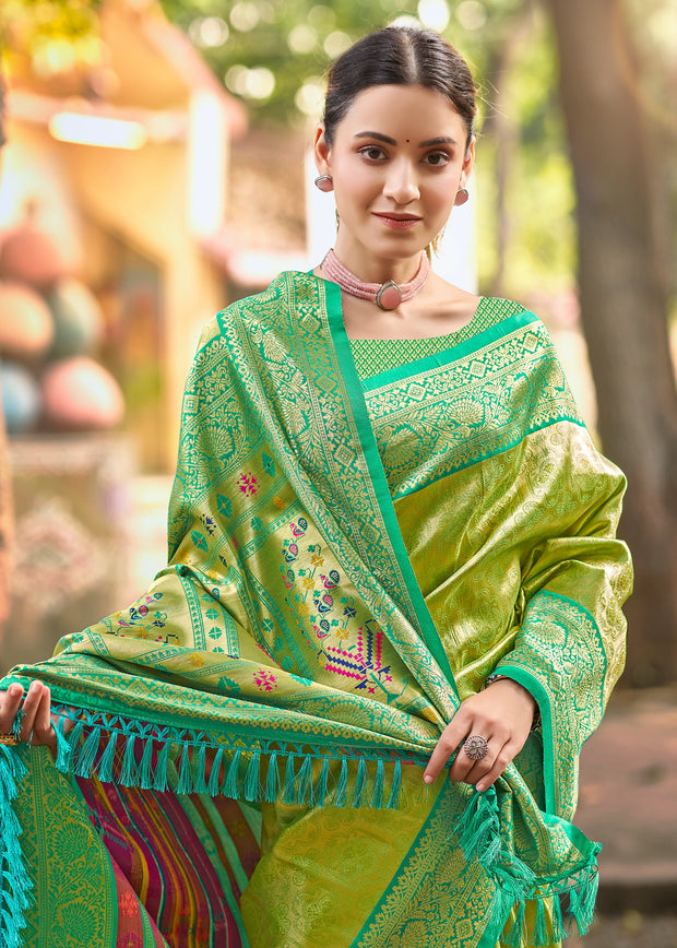 Glow Green Woven Kanjivaram Silk Saree