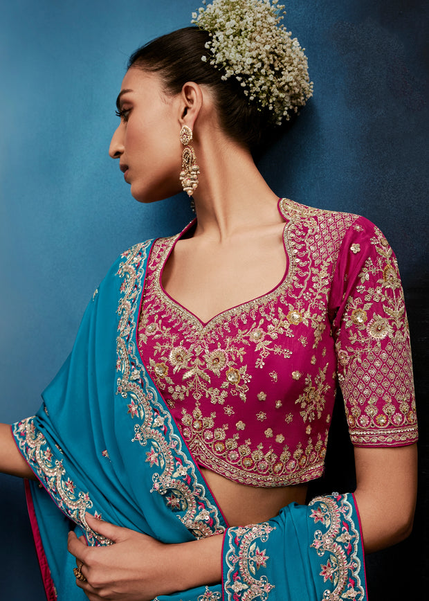 Teal Blue Embroidered Designer Tissue Saree