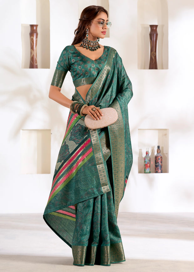Antique green Banarasi soft silk saree with printed heritage pattern