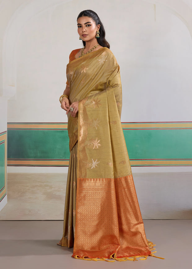 Khadi Beige Woven Tussar Silk Saree