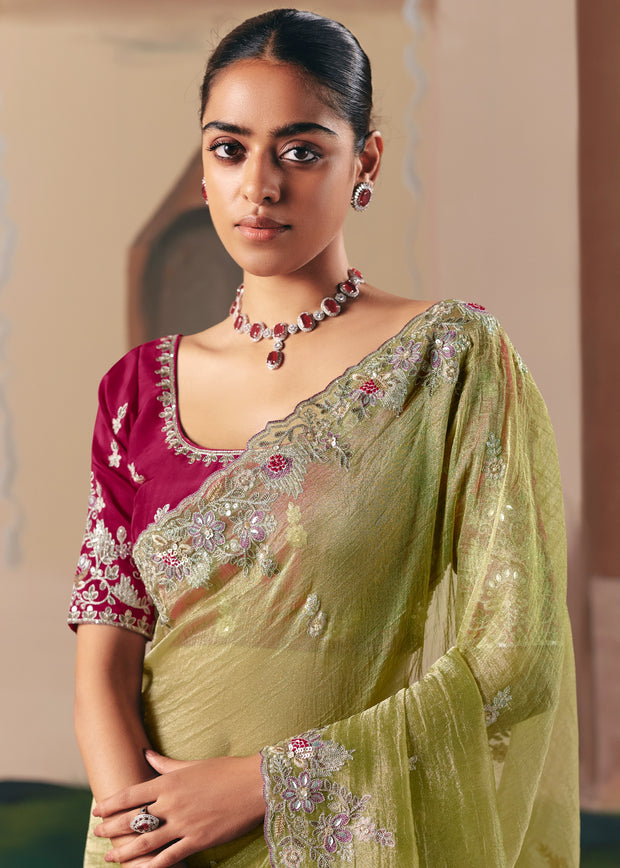 Pista Green Embroidered Designer Saree