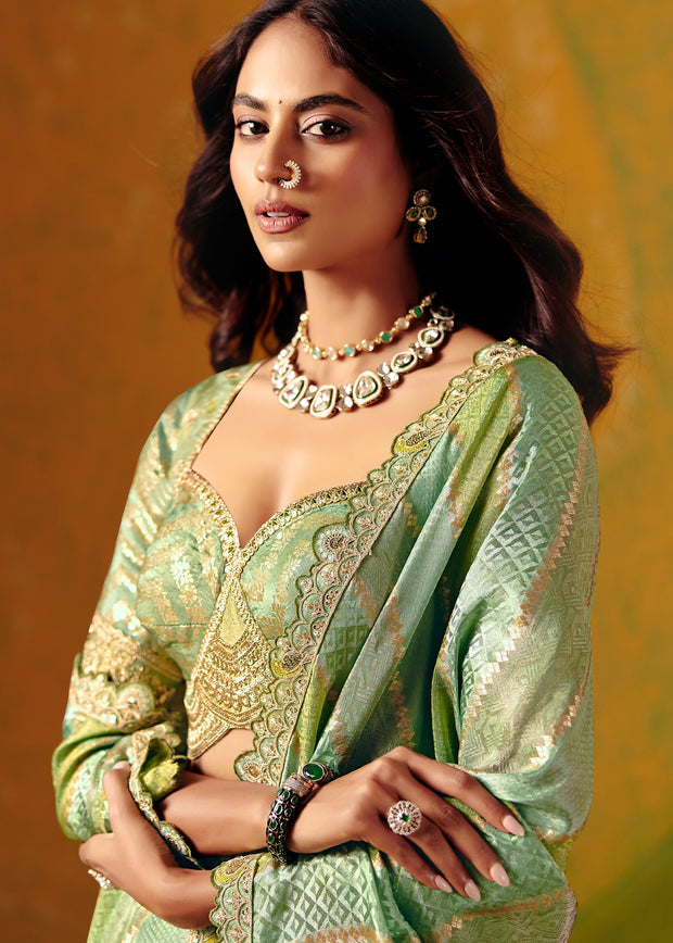 Pistachio Green Designer Embroidered Saree