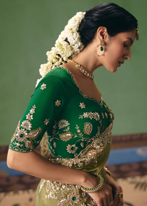 Kiwi Green Embroidered Designer Saree