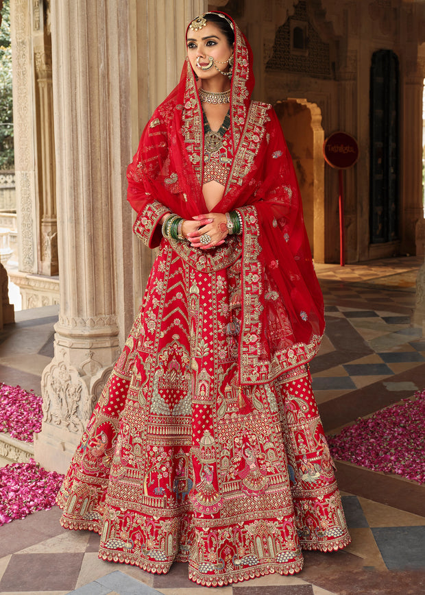 Red Heavy Embroidered Designer Lehenga