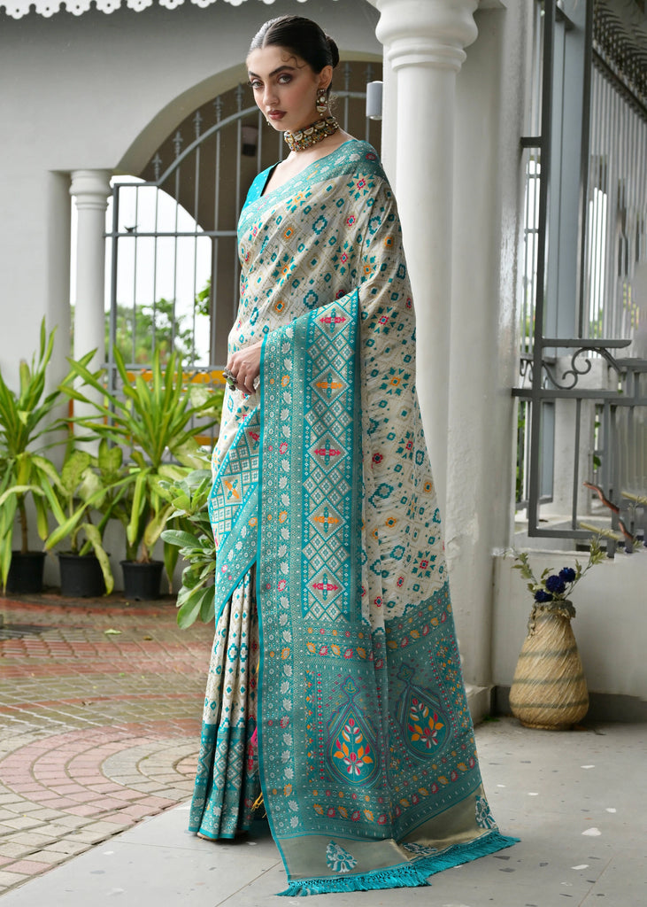 White & Sea Green Woven Banarasi Patola Silk Saree