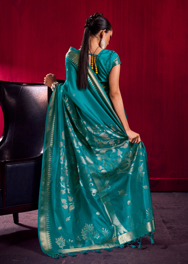Peacock Blue Banarasi Satin Linen Silk Saree