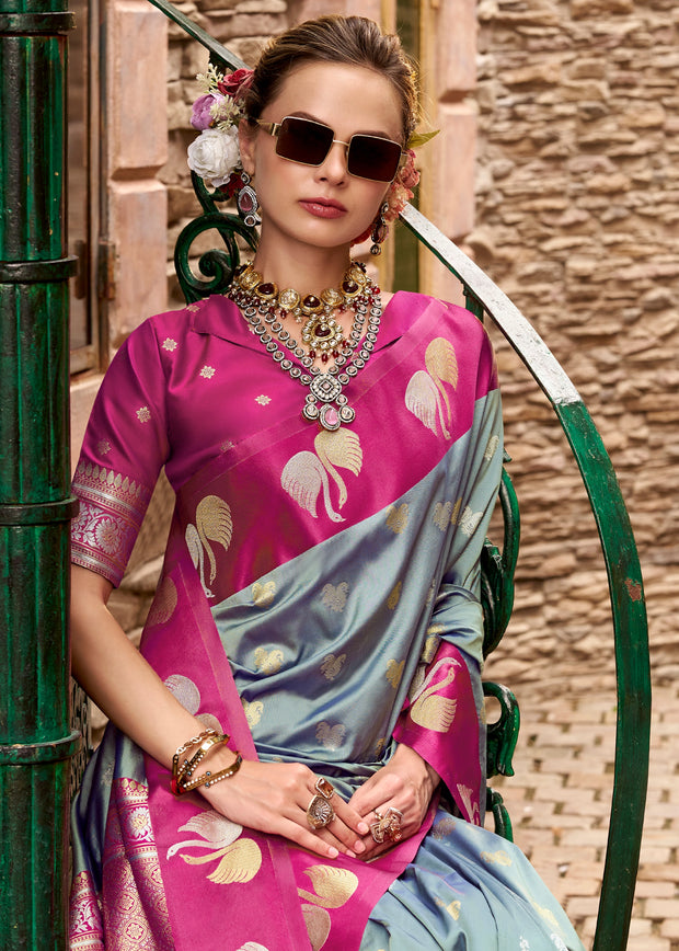 Silver Grey Banarasi Satin Silk Saree