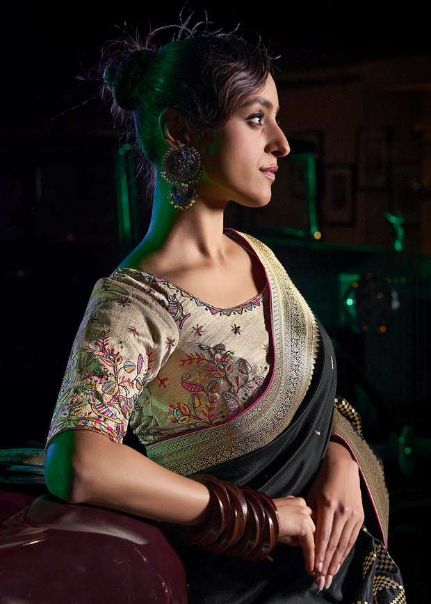 “Exclusive Offer” : Phantom Black Woven Banarasi Silk Saree With Embroidered Blouse