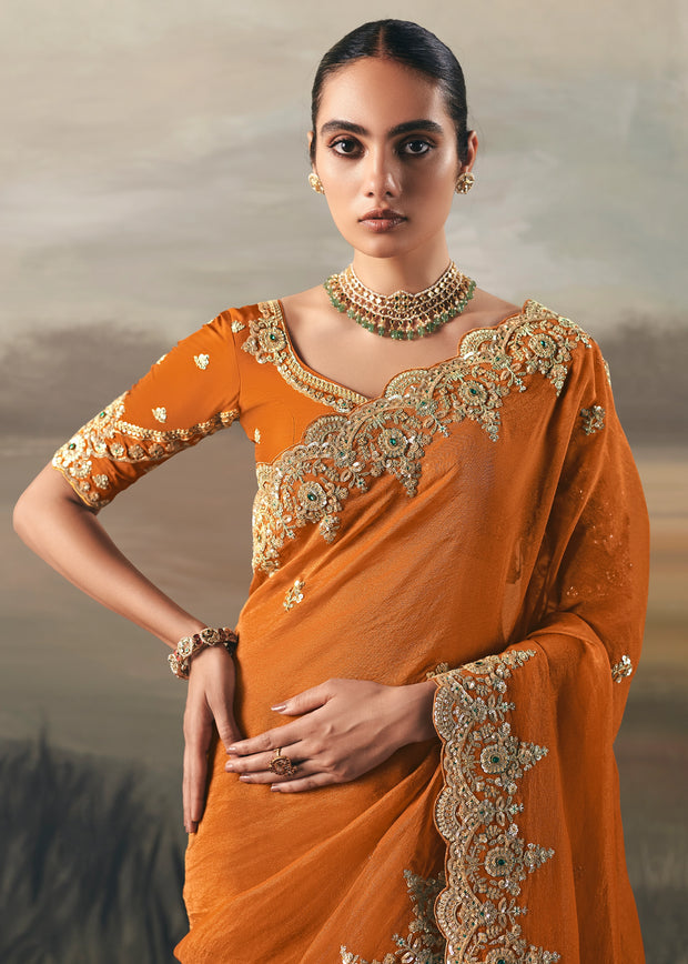 Orange Tissue Embroidered Wedding Wear Saree
