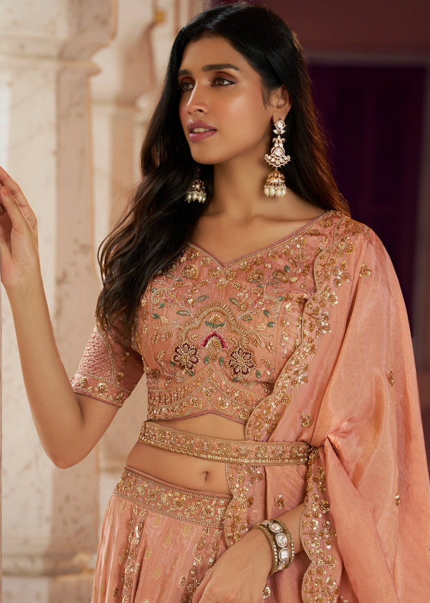 Peach Banarasi Silk Embroidered Lehenga