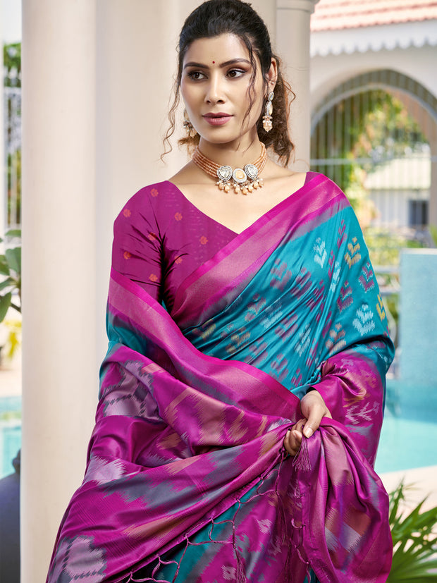 Teal Blue Woven Patola Silk Saree