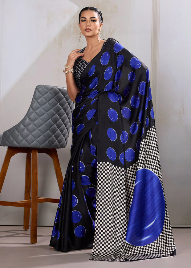 Blue Printed Satin Silk Saree