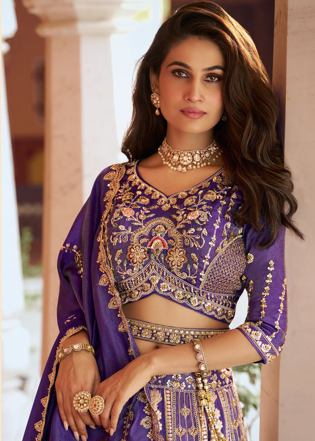 Purple Banarasi Silk Embroidered Lehenga