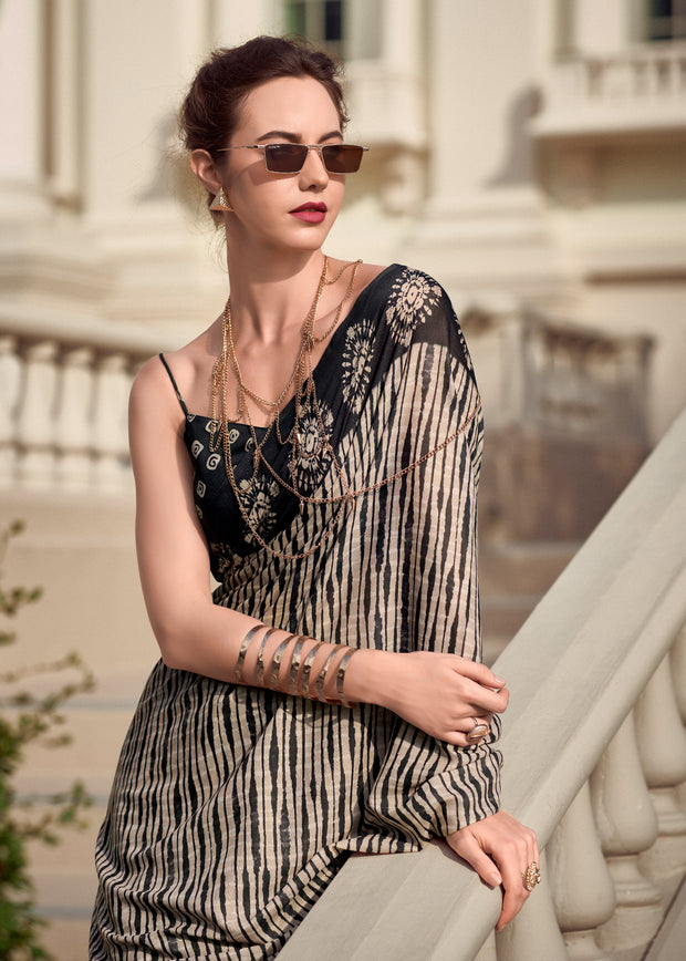 Beige And Black Printed Cotton Silk Saree