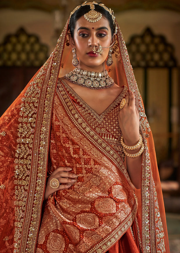Rust Orange Heavy Embroidered Designer Lehenga