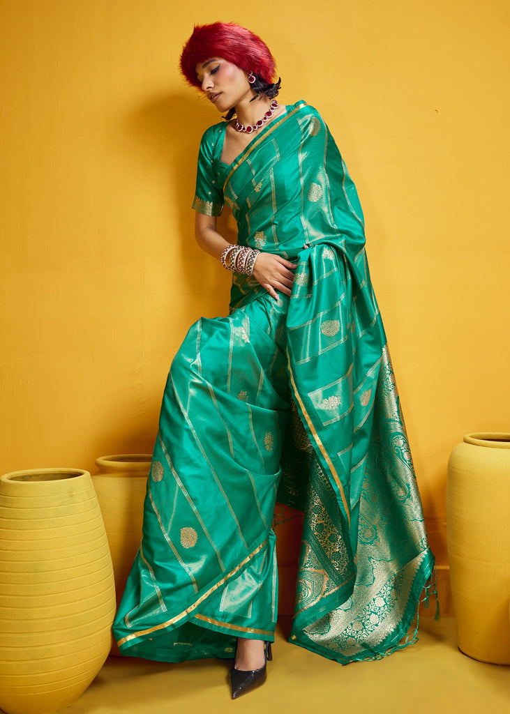 Aqua Green Woven Banarasi Satin Silk Saree