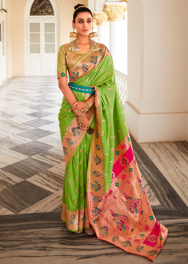 Pure Silk Paithani Saree With Traditional Narali Border Parrot Peacock –  Essence of India