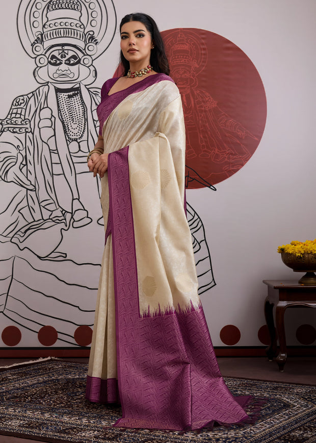 Purple Border Ivory Woven Banarasi Silk Saree