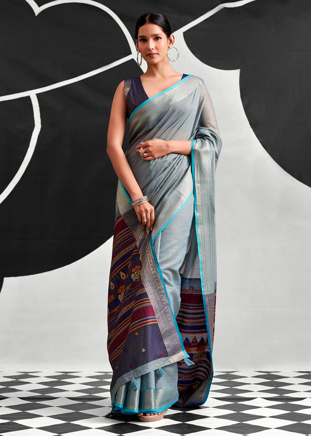 Aquatic Blue Woven Linen Cotton Silk Saree