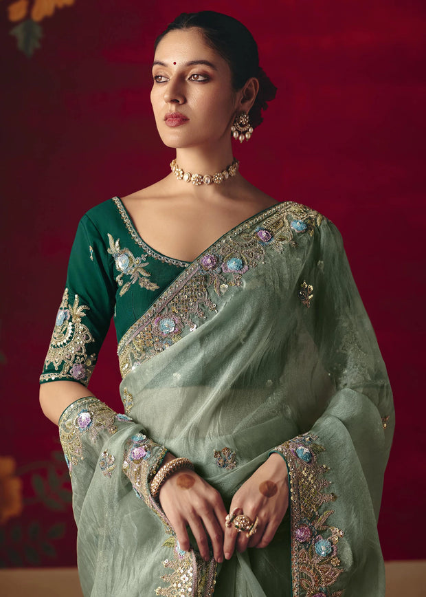 Antique Green Designer Embroidered Saree