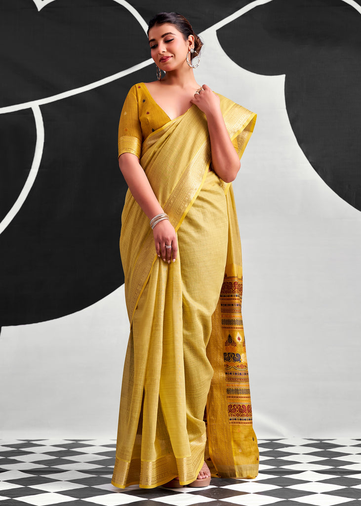 Dusky Yellow Woven Linen Cotton Silk Saree