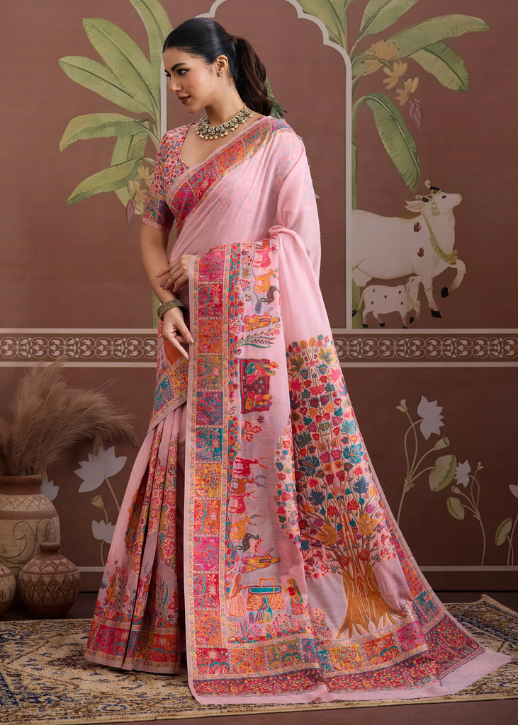 Blush Pink Woven Cotton Kashmiri Jamewar Saree