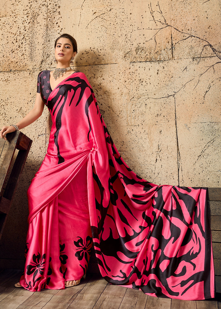 Hot Pink Printed Satin Silk Saree