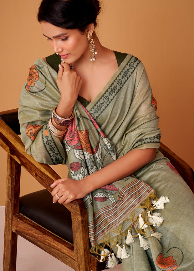 Sage Green Woven Cotton Saree