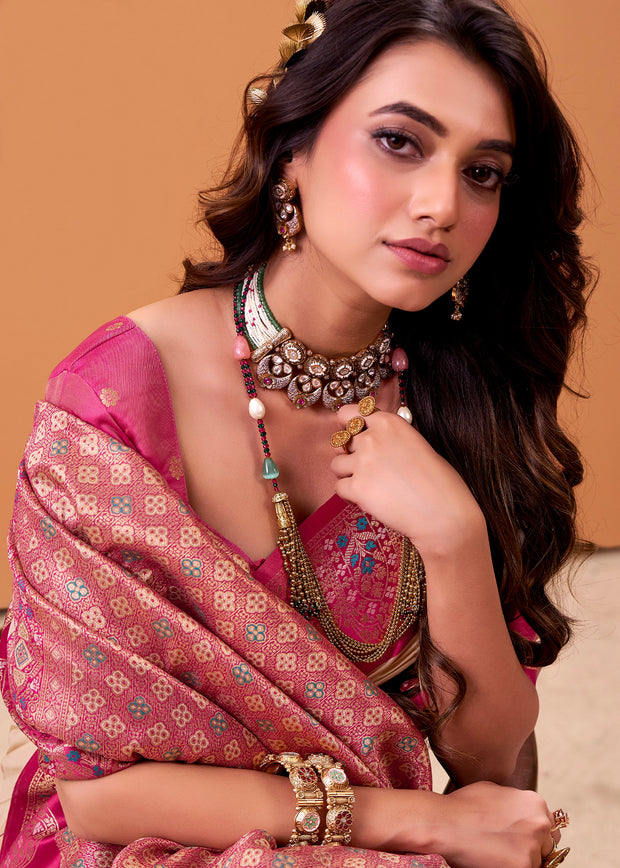Cream And Pink Banarasi Satin Silk Saree