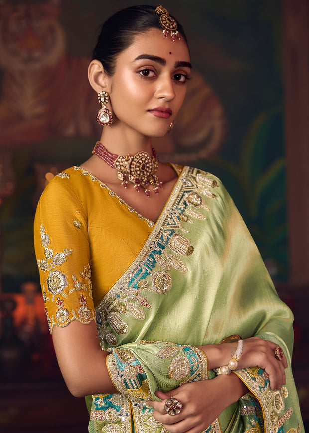 Pista Green Designer Embroidered Saree