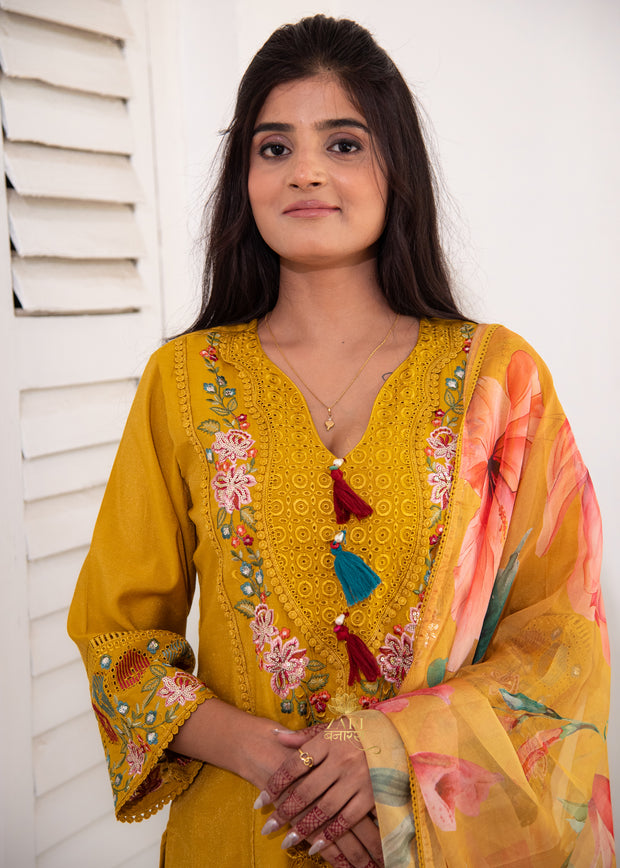 Golden Yellow Embroidered Silk Suit Set (10702900494529)