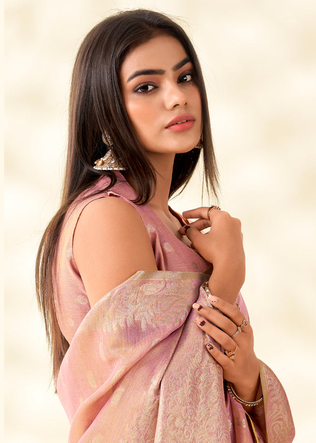 Mellow Pink Woven Linen Tissue Silk Saree