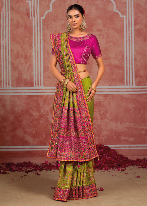 Lime Green Embroidered Designer Saree