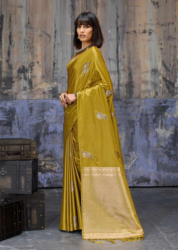Mehandi Green Woven Banarasi Satin Silk Saree