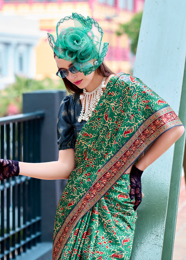 Aspen Green Satin Crepe Digital Printed Saga Saree With Contrast Blouse