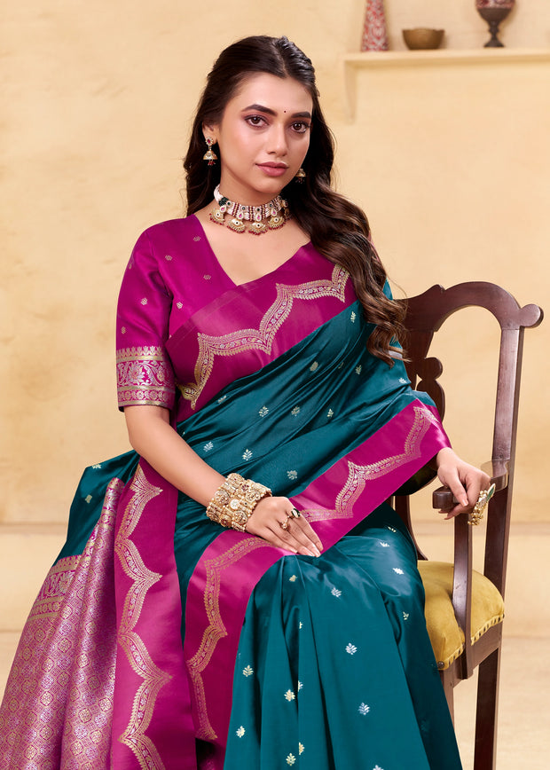 Coral Blue Woven Satin Silk Saree