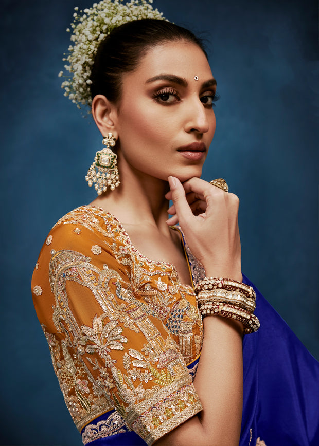 Royal Blue Embroidered Designer Tissue Saree