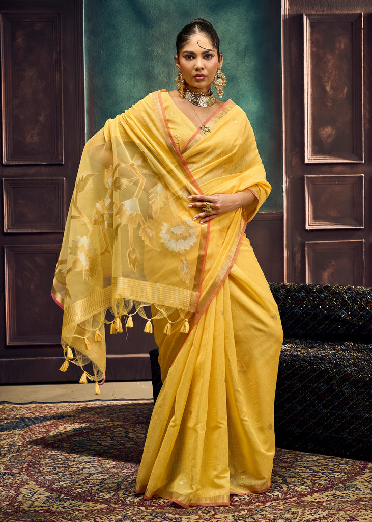 Vibrant Yellow Woven Cotton Silk Saree