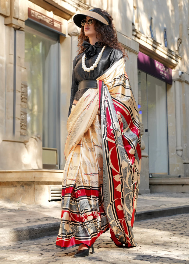 Off White Printed Satin Silk Saree