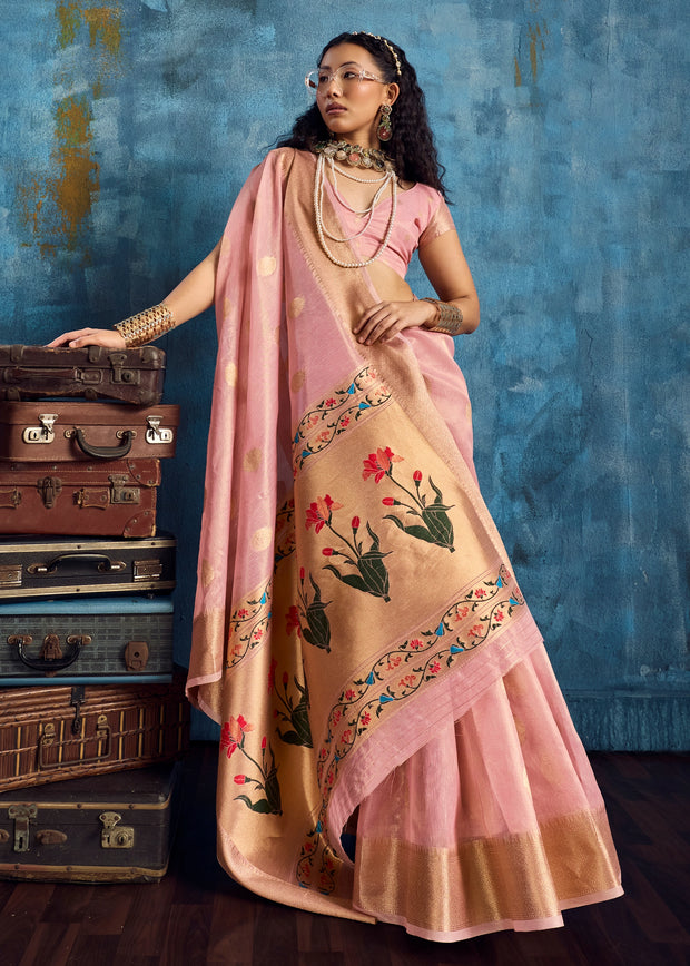 Pink Woven Paithani Tissue Silk Saree