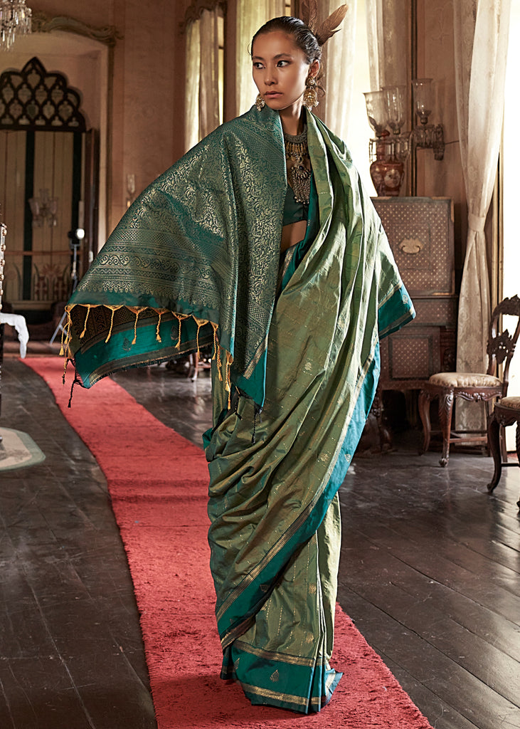 Aspen Green Banarasi Tussar Silk Saree